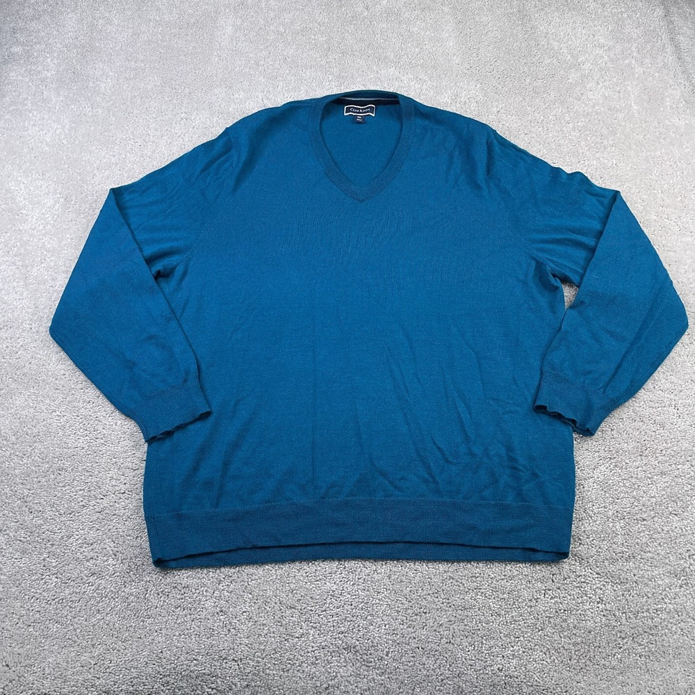 Club‎ Room Sweater Mens 2XL XXL Blue Merino Wool Blend V Neck Pullover
